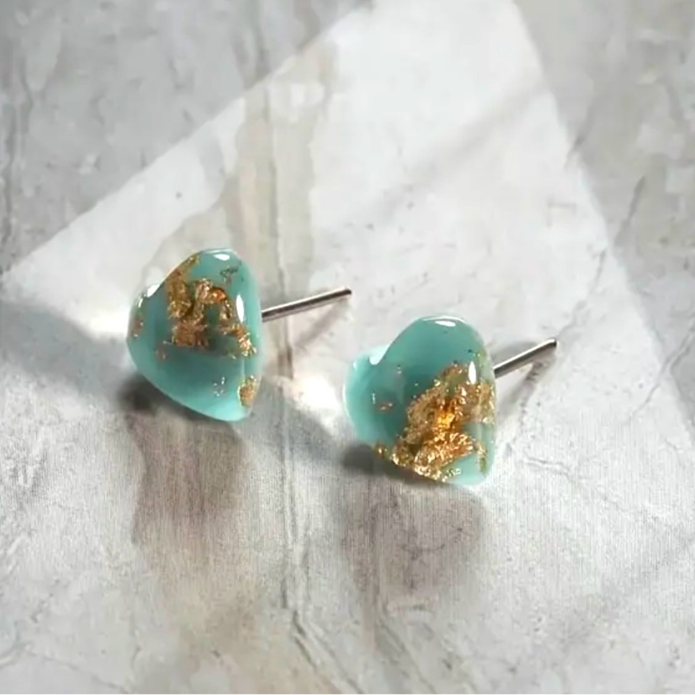 Blue Heart Gold Flake Fleck Glitter Sparkle Resin Dainty Tiny Stud Post Earrings - Picture 6 of 15